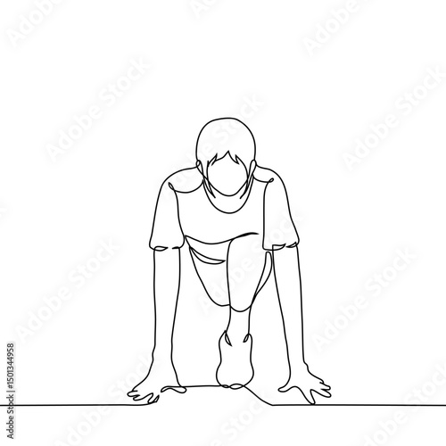 woman in standing position on lower start for running - one line art vector. concept female athlete at the start, startup metaphor