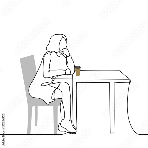 woman sitting at table with takeaway coffee on table propping head with hand - one line art vector. concept woman waiting on date, takeaway date, enjoying coffee