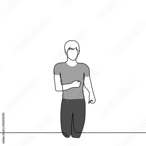 man in short sleeved tight t-shirt and leggings or running shorts running, front view, faceless portrait to knees - one line art vector. concept athlete on jogging, cardio training, running marathon