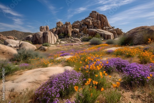 Blooming Desert Near Joshua Tree with Orange California Poppies, Purple Verbena, Rugged Rocks, and Clear Spring Skies, Desert Wildflowers, California Desert Landscape, Spring Bloom, Nature Photography photo