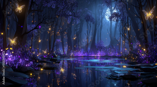 Night magic forest with glowing fireflies and butterflies over mystic purple pond under trees. Nature wood landscape with moonlight fall on water surface, scenery midnight, Cartoon vector illustration