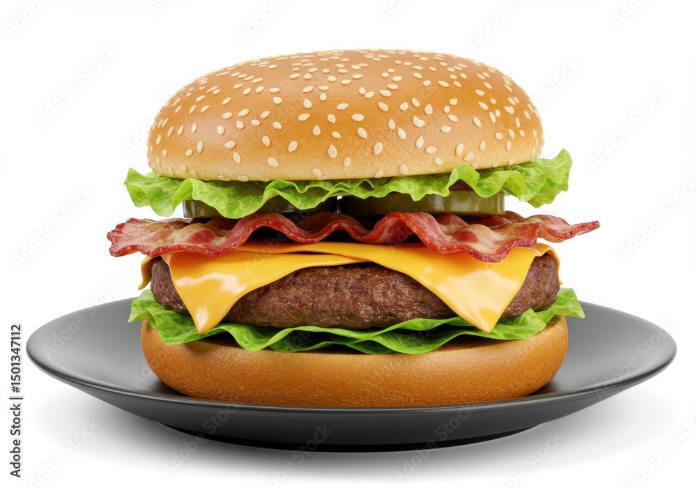 Juicy bacon cheeseburger on a black plate Juicy bacon cheeseburger on a black plate