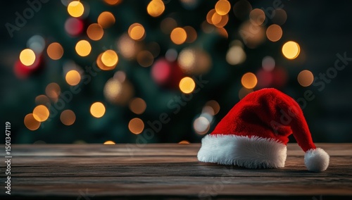 Santa Hat on Wooden Table with Christmas Tree Lights