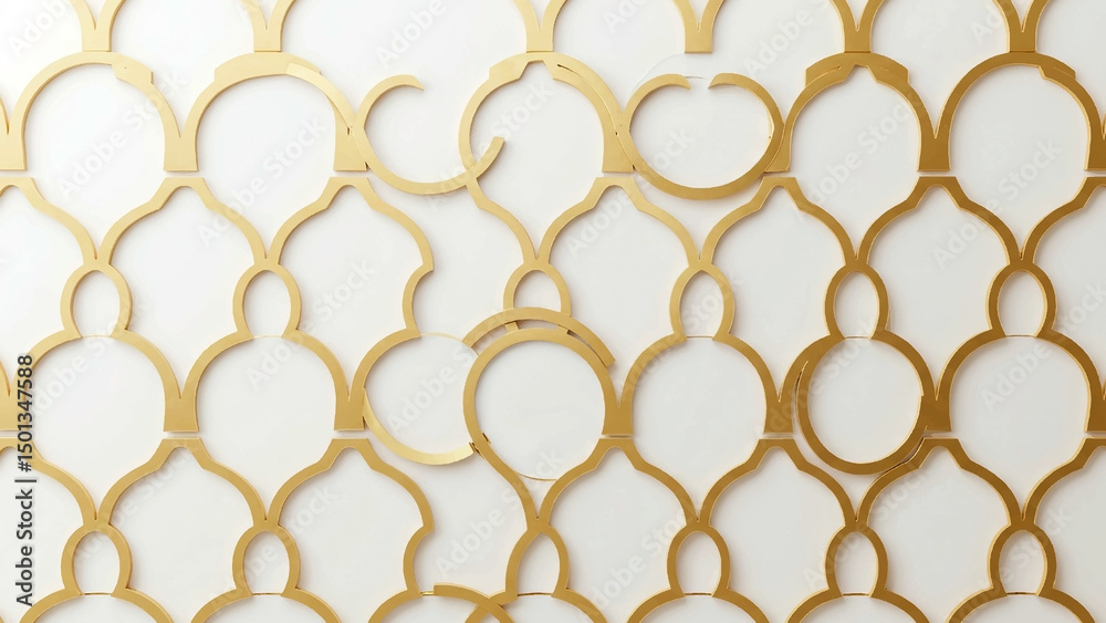 Fototapeta premium Golden Arabesque Pattern: Elegant gold arabesque pattern on a white background, perfect for adding a touch of luxury and sophistication to your designs.