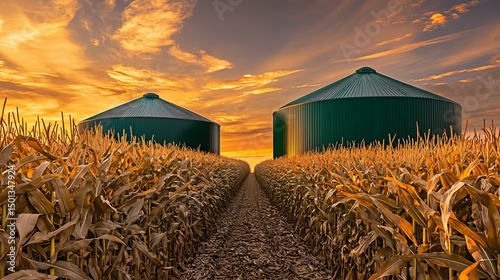 A cinematic shot of a lone biogas reactor dome painted green, standing in a harvested cornfield under a dramatic sunset sky streaked with amber and violet clouds