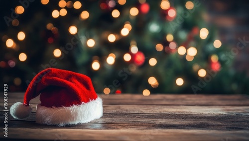 Santa Hat on Wooden Table with Christmas Tree Lights Background