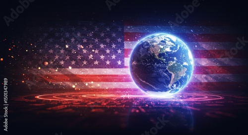 Photo of Earth Globe with United States Flag Background and Digital Lights