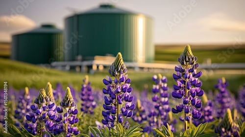 A panoramic HDR composite of a green digester dome in a field of lupine flowers, with high dynamic range capturing vivid sunset contrasts and saturated colors