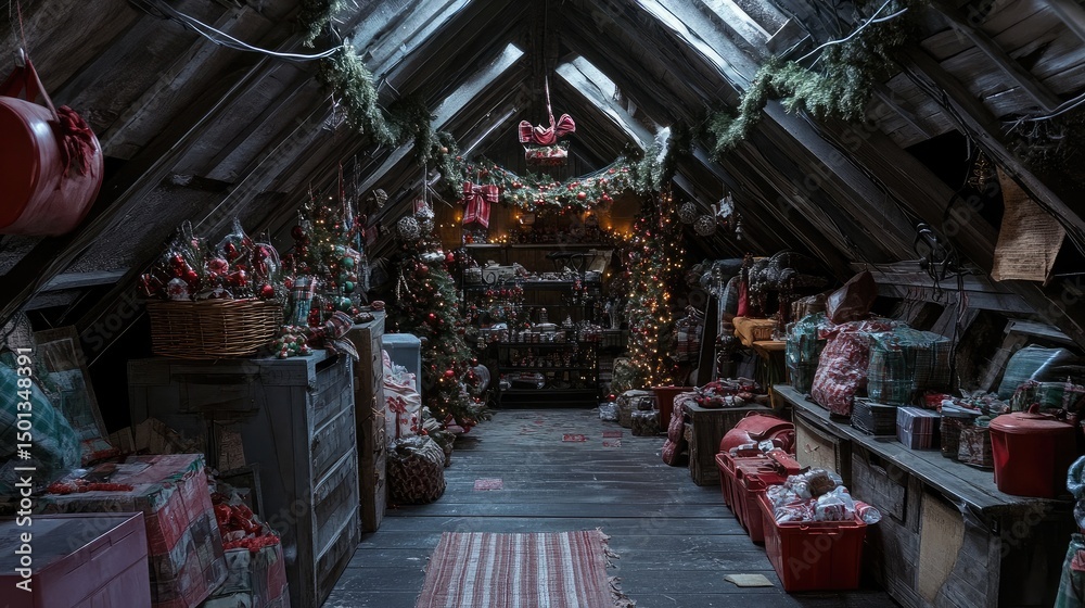 Obraz premium Attic floor covered with plastic bins and holiday ornaments in a dimly lit space