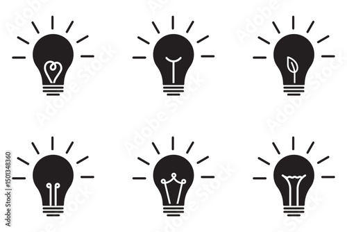 Idea bulb icon set. Bulb, innovation symbol set. Light Bulb icon set, Idea icon symbol vector, Different style icons, Set of different style icons on black and white background.