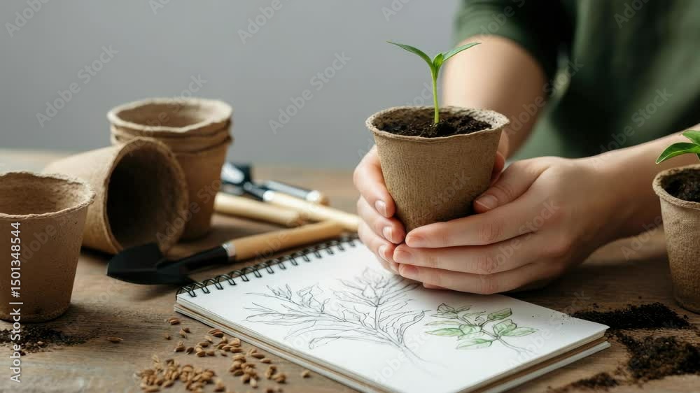 Person planting seedlings in biodegradable pots with gardening tools and sketchbook on table