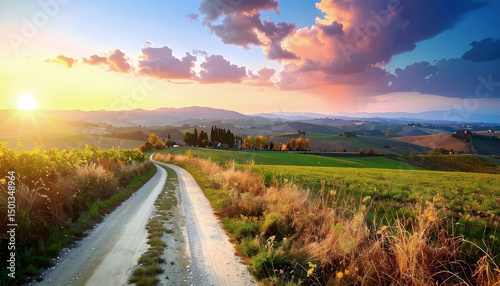 Italy autumn countryside landscape, dirty road and farmland over sunset sky