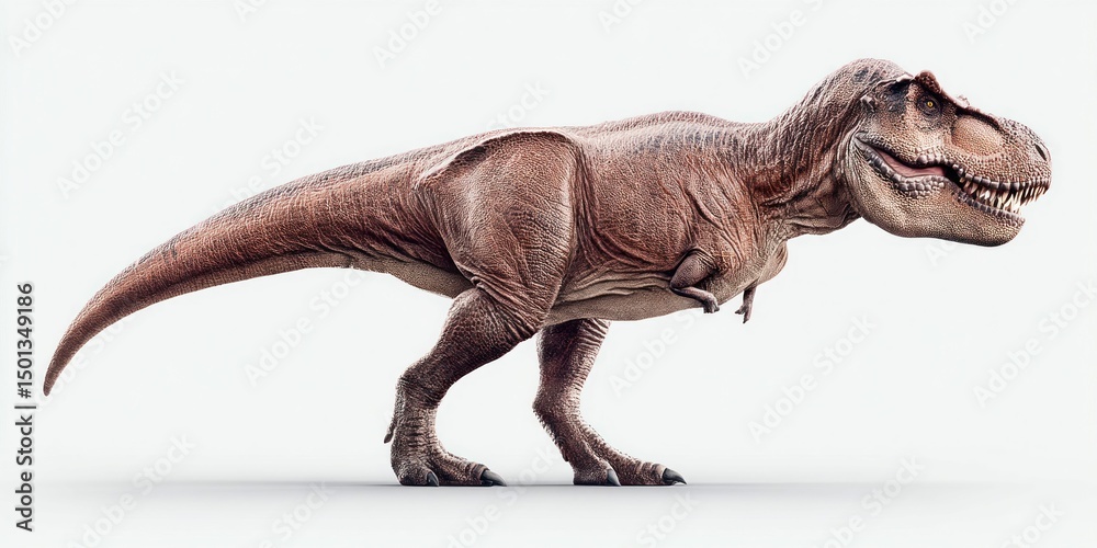 Fototapeta premium A formidable tyrannosaurus rex strides across a pristine white background, showcasing impressive detail and power. This prehistoric predator is a symbol of strength.
