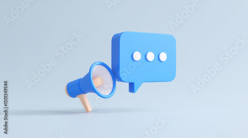 The 3d ICONS of the blue speakers and horns in the background symbolize the concepts of media, self-media and information platforms
