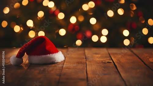 Christmas Hat on Wooden Table with Festive Lights Background