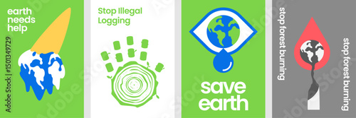 Save the earth awareness poster set featuring visual metaphors on deforestation, pollution, and global warming in modern graphic style.