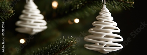 Elegant White Christmas Tree Ornaments on a Lush Evergreen