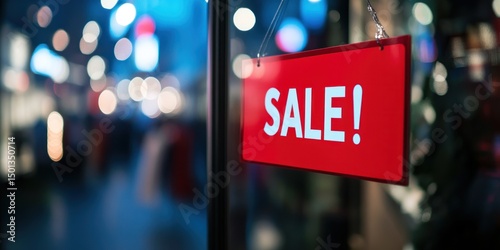 Night Sale Sign in City: Red Sale Sign Hanging in Shop Window at Night