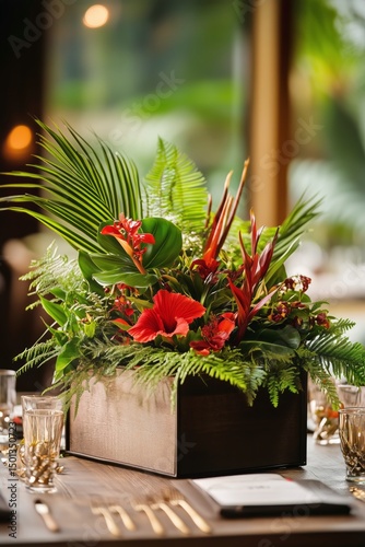Elegant Floral Arrangement in a Modern Dining Setting at a Tropical Venue