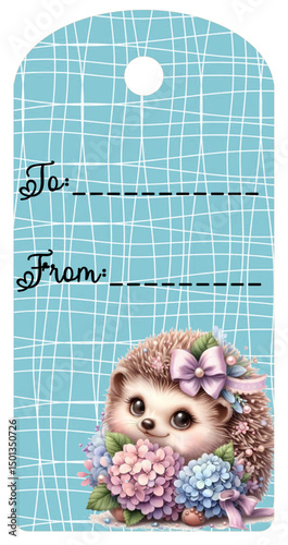 Adorable gift tag with “to” and “from” text, light blue background with irregular white lines and a cartoon hedgehog holding pink and blue hydrangeas. Perfect for baby girls and spring.