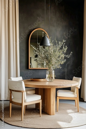 Elegant Dining Area With Round Wooden Table and Stylish Decor in Modern Inter...