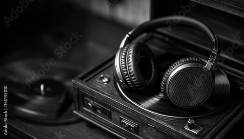 Headphones on Vinyl Record Player: A Monochrome Symphony of Nostalgia