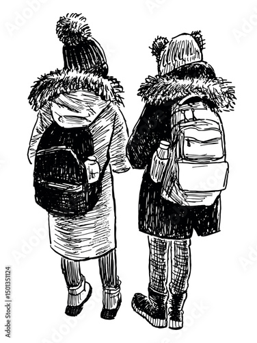 Two schoolgirls with backpacks standing outdoors, realistic hand drawn vector illustration isolated on white