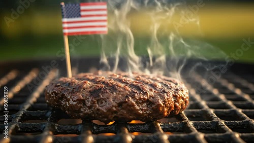 Close up sequence of a sizzling hamburger patty grilling outdoors with american flag