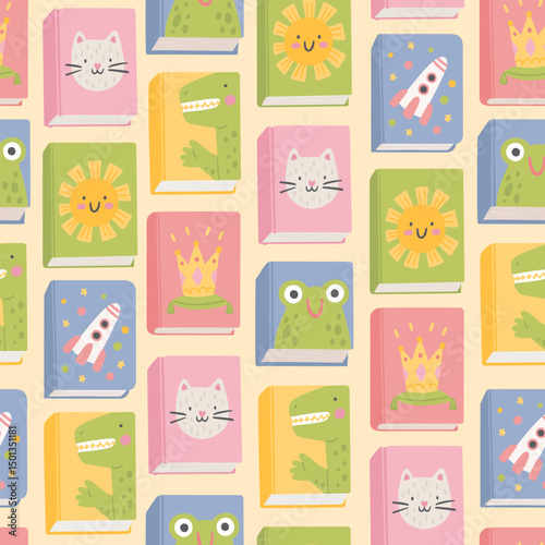 Cute seamless pattern with cartoon children books. Hand-drawn texture with different books covers. Vector background for wrapping paper or textile