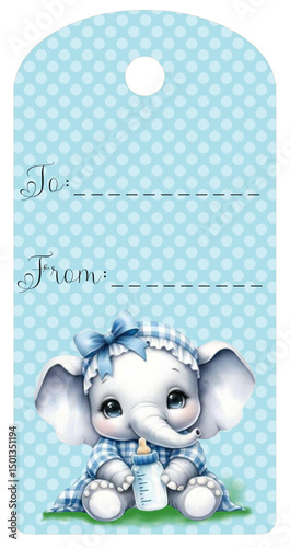Sweet gift tag with “to” and “from” text, light blue background with very pale blue dots, featuring a cute cartoon baby elephant holding a bottle and wearing a blue bow. Ideal for baby boys.