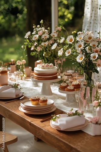 Elegant Outdoor Table Arrangement With Cakes and Flowers for a Spring Celebra...