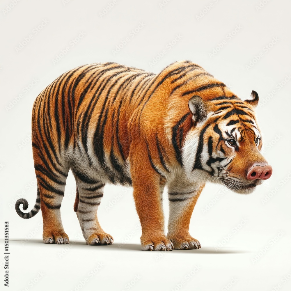 Obraz premium A unique hybrid animal, blending tiger stripes with a pig-like snout, standing on a white background. The orange and black stripes are prominent.