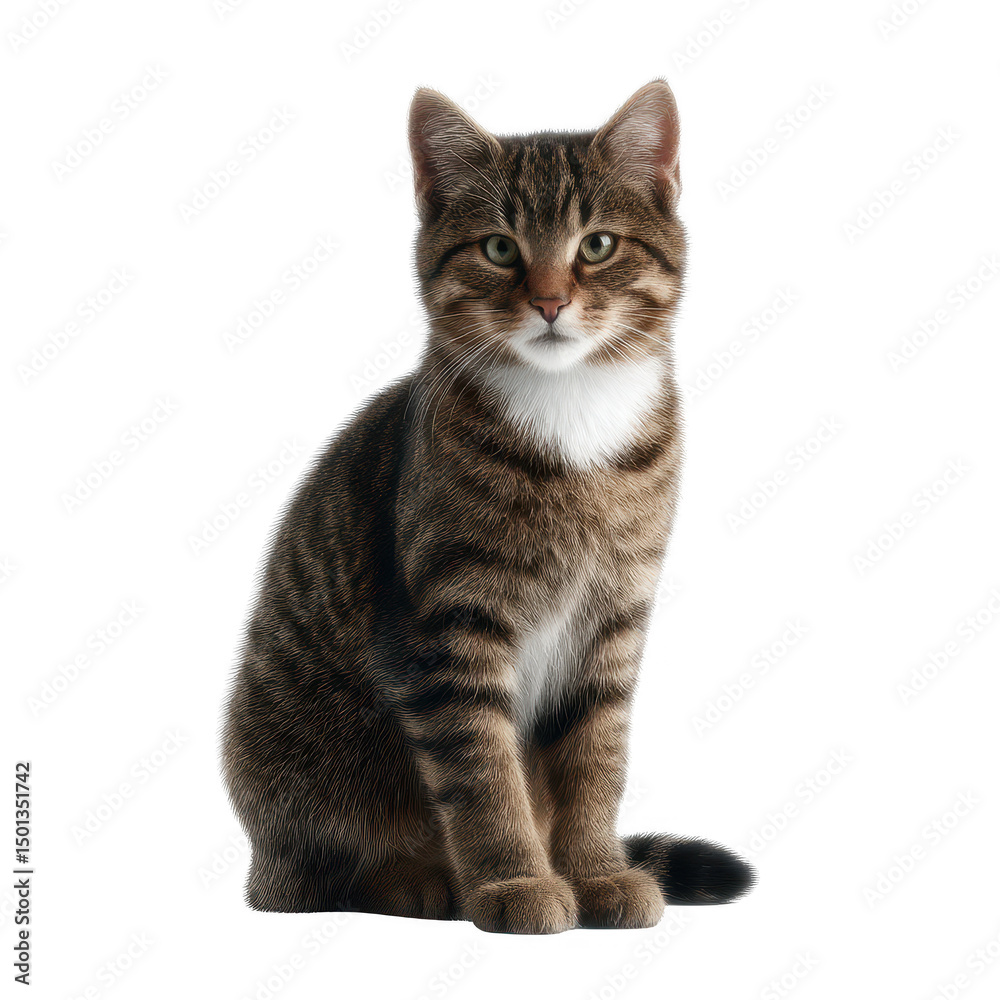 Fototapeta premium A cute domestic cat sitting gracefully, showcasing its striped fur and bright eyes, against a white isolated background.