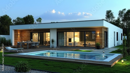 Modern house design with pool and patio at twilight.