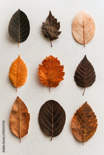 Colorful Assortment of Autumn Leaves and Dried Plants Arranged on a Light Bac...