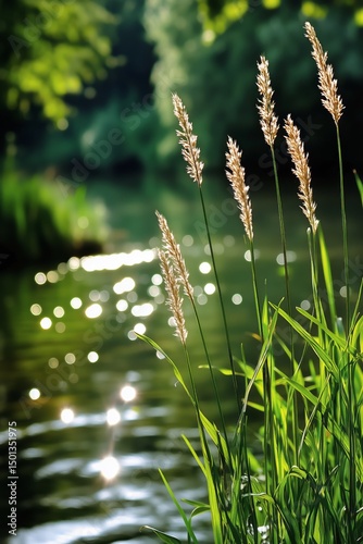 Sunlight Sparkles on a Calm River With Tall Grass Along the Banks in a Tranqu...