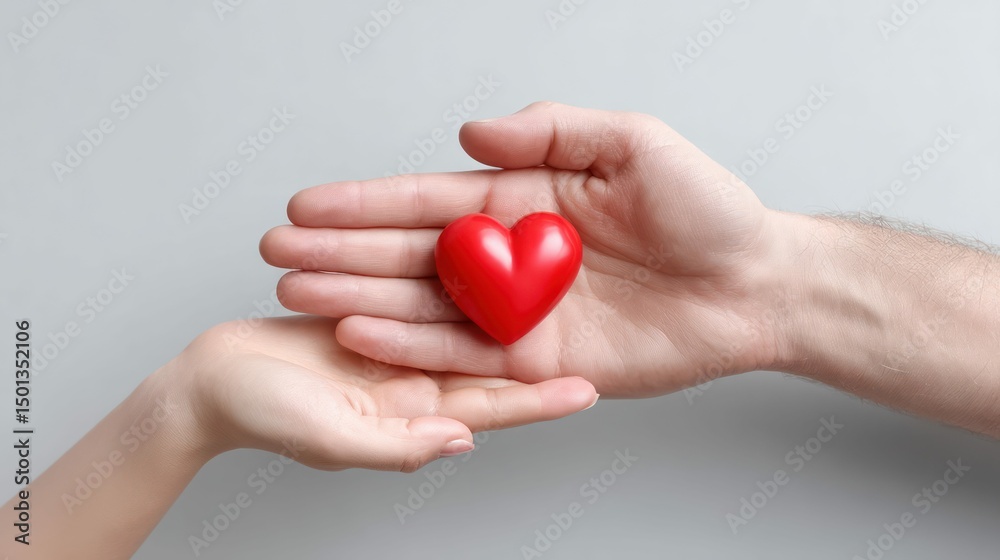 Fototapeta premium Two people gently holding a bright red heart in their hands, symbolizing love and care against a gray backdrop.
