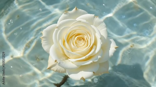 Floating Serenity - 4K Ethereal White Rose on Calm Blue Water with Soft Ripples