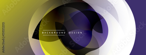 Abstract geometric shapes overlap, creating dynamic visual effect. Yellow, purple, white hues blend smoothly. Modern design element.