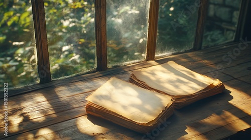 symbolic lost and found torn photograph lying on old desk warm cozy room sunlight soft shadows evocative and sentimental