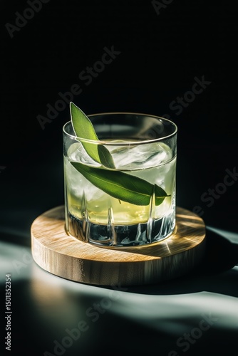 Refreshing Cocktail Garnished With Fresh Leaves on a Wooden Coaster in Dim Li...