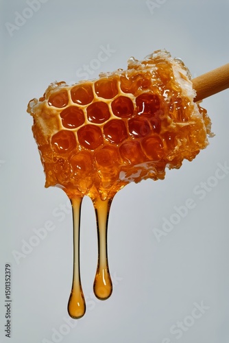 Dripping Honeycomb Showcasing Golden Honey Droplets Captured in Close-Up
