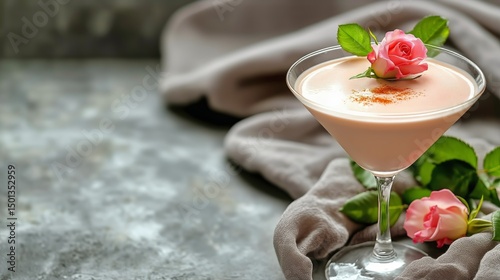 Delicate Pink Cocktail Garnished With Rose on a Textured Surface