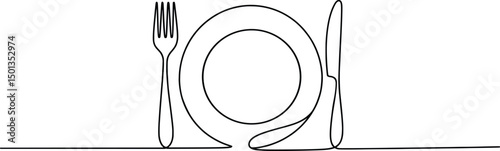 Minimalist Line Art Dining Illustration, Plate, Fork, and Knife Outline.