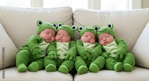 Photo of Four Newborn Babies in Green Frog Costumes on a Beige Couch