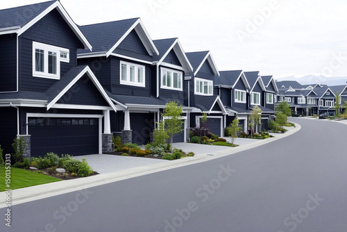 Roof insulation installation in a row of modern homes during a cloudy day in a suburban neighborhood
