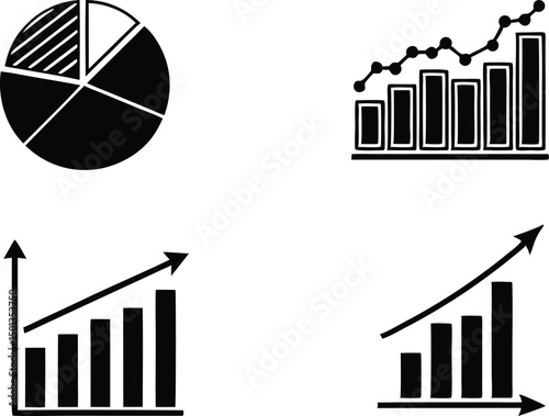 Pie Chart and Bar Graph Silhouettes for Data Icons. Bar Graph and Pie Chart Icon Set for Infographics. Data Visualization Silhouettes with Charts and Graphs. Pie Chart Icon Set for Business