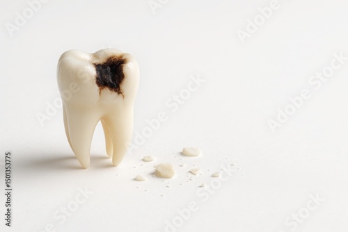 Decayed tooth model with cavity on white background ideal for dental health awareness campaigns and medical visuals