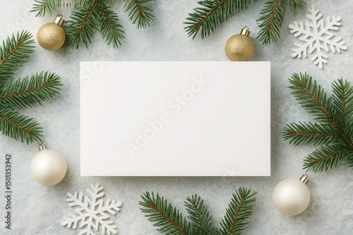 Blank white card on frosty background surrounded by Christmas ornaments and fir branches perfect for seasonal greetings and invitations