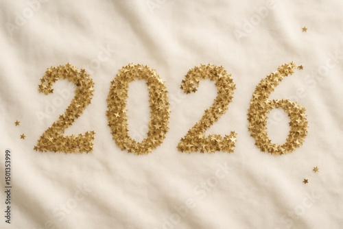 Golden 2026 typography made of glittering stars on soft fabric background perfect for holiday greeting cards and festive New Year designs